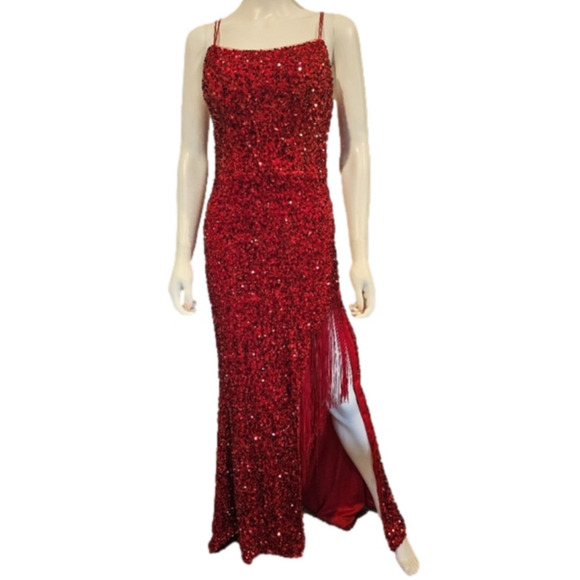 Zapaka Full Length Sequin Split Thigh Prom Dress Size 2 - Picture 3 of 15